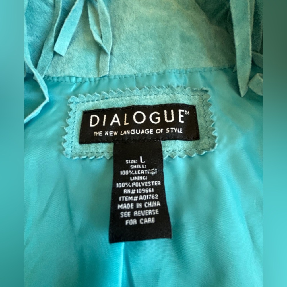 Dialogue Leather Jacket - Woman’s Turquoise, Fringed Leather Jacket. Size Large - Picture 4 of 7